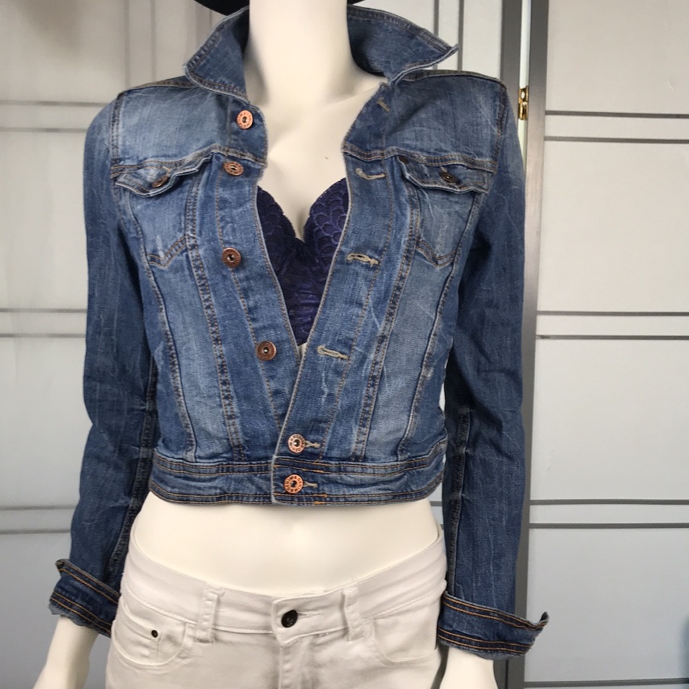 H&M &Denim | Distressed Denim Cropped Jean Jacket | Size S